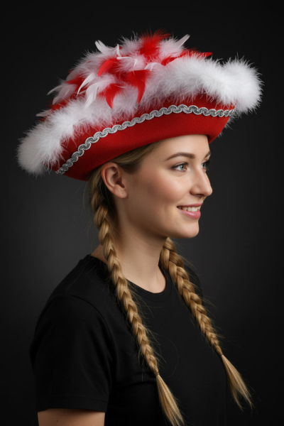 Roter Wollfilz Dreispitze mit rot-weißem Federnest